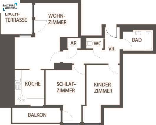 Grundriss einer Wohnung mit Dachterrasse, Wohnzimmer, Küche und zwei Schlafzimmern.
