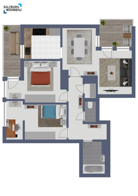 Detaillierter Grundriss einer möblierten Wohnung mit Balkon und Dachterrasse.