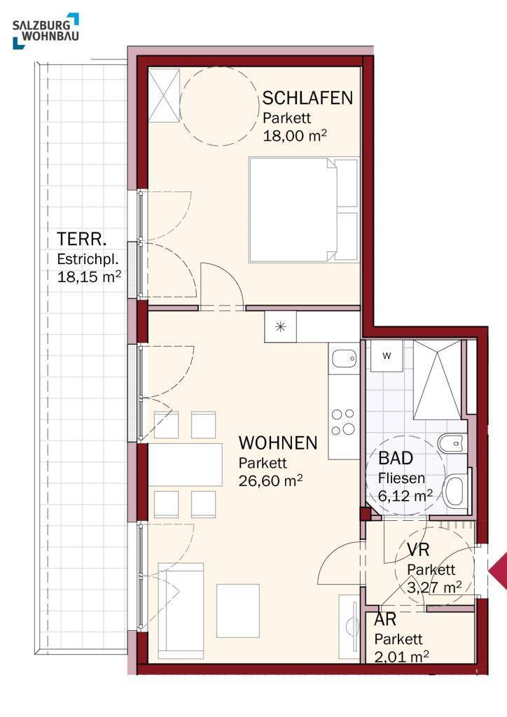 Grundriss einer modernen Wohnung mit offenem Wohnbereich, Schlafzimmer, Bad und großer Terrasse.