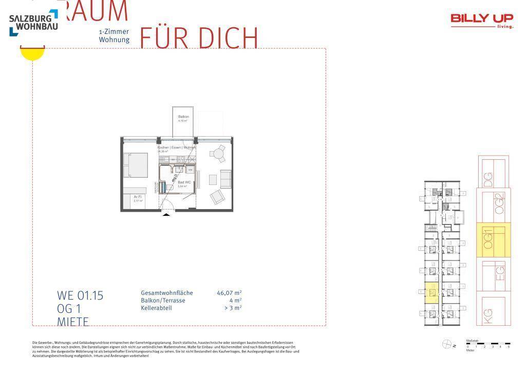 Grundriss einer 1-Zimmer-Wohnung mit Balkon und effizienter Raumaufteilung.