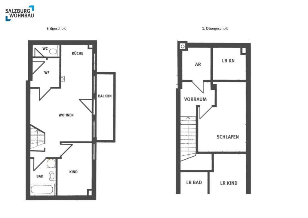 Grundrisse des Erdgeschosses und ersten Obergeschosses mit Balkon und offener Wohnküche.