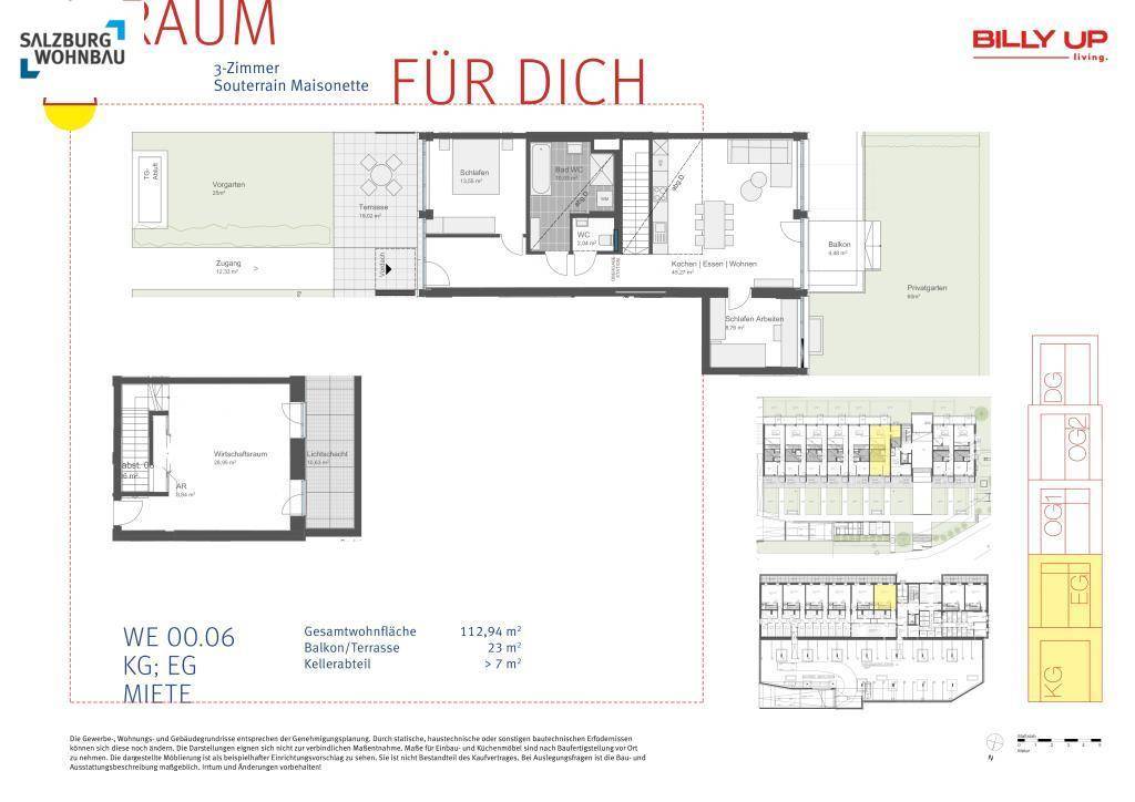 Grundriss einer 3-Zimmer Souterrain Maisonette mit Garten, Balkon und Kellerabteil.