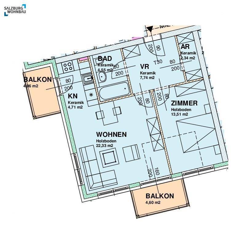 Grundriss einer Wohnung mit zwei Balkonen, einem Bad und offenem Wohnbereich.