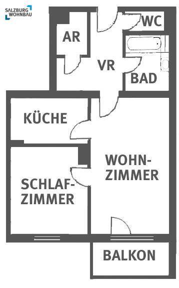 Grundriss der Wohnung mit Wohnzimmer, Schlafzimmer, Küche und Balkon.