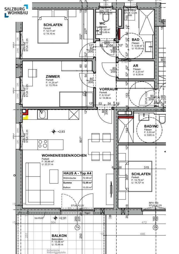 Grundriss einer Wohnung mit offenem Wohn-Ess-Kochbereich, zwei Schlafzimmern und zwei Bädern sowie einem Balkon.