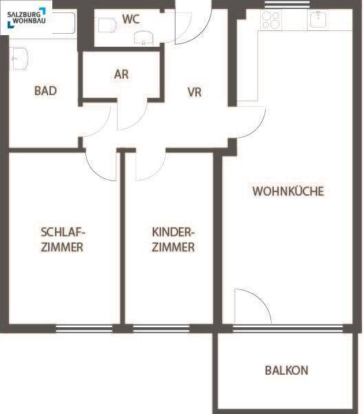 Grundriss einer Wohnung mit Wohnküche, zwei Schlafzimmern, Bad und Balkon.