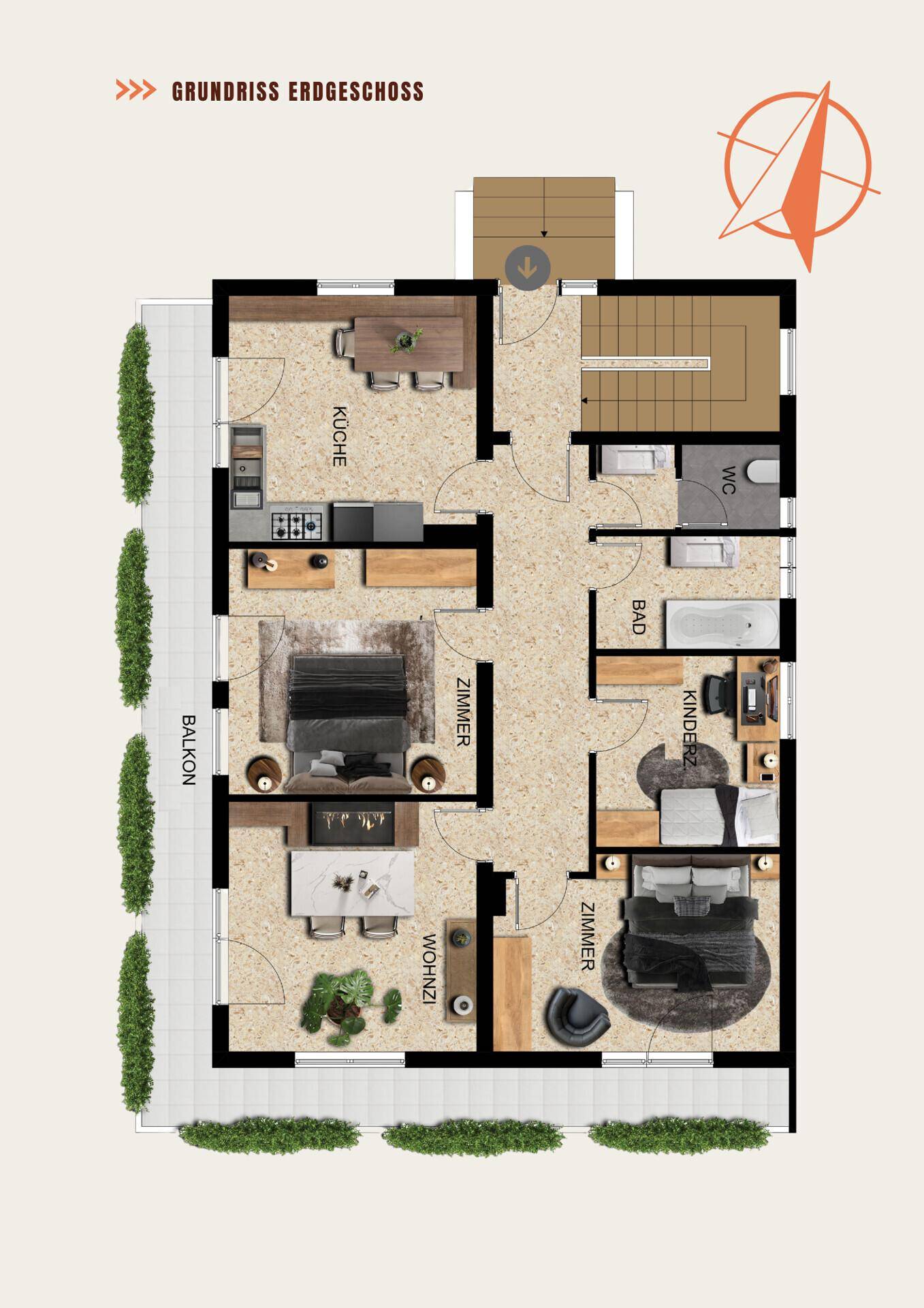 Grundriss des Erdgeschosses mit Wohnzimmer, Küche, Schlafzimmern, Bad und Balkon.