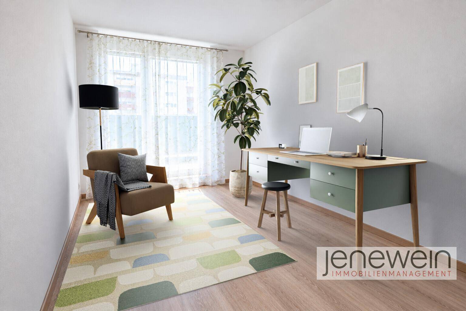 Modern eingerichtetes Arbeitszimmer mit Schreibtisch, Sessel und Pflanzen am Fenster.