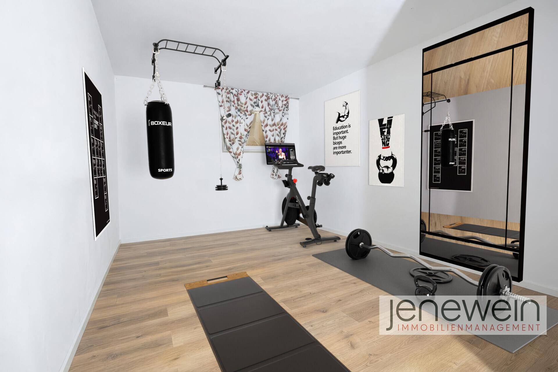 Moderner Fitnessraum mit Trainingsgeräten, Boxsack und großem Spiegel.