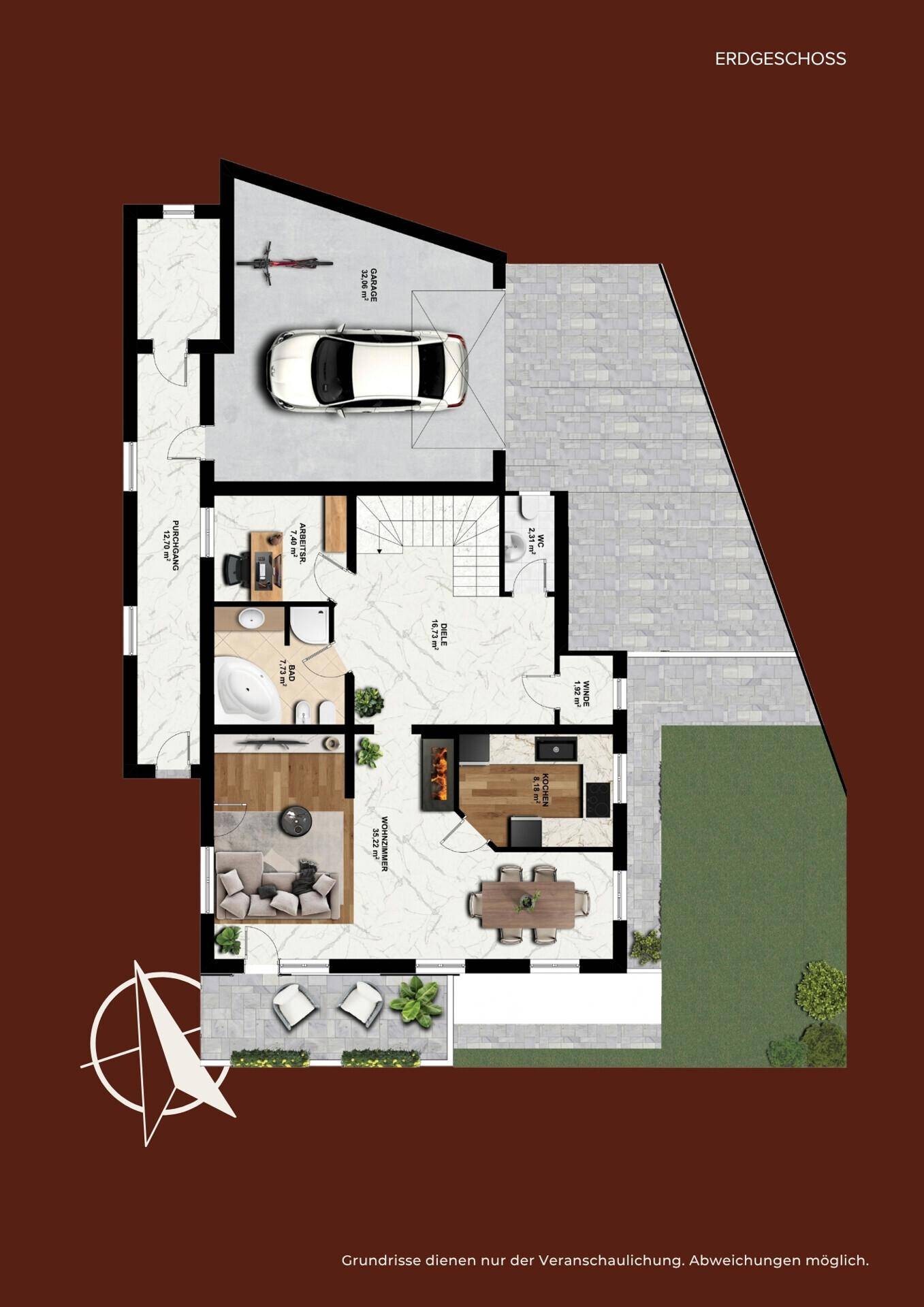 Grundriss des Erdgeschosses mit Garage, Wohnbereich und Garten.