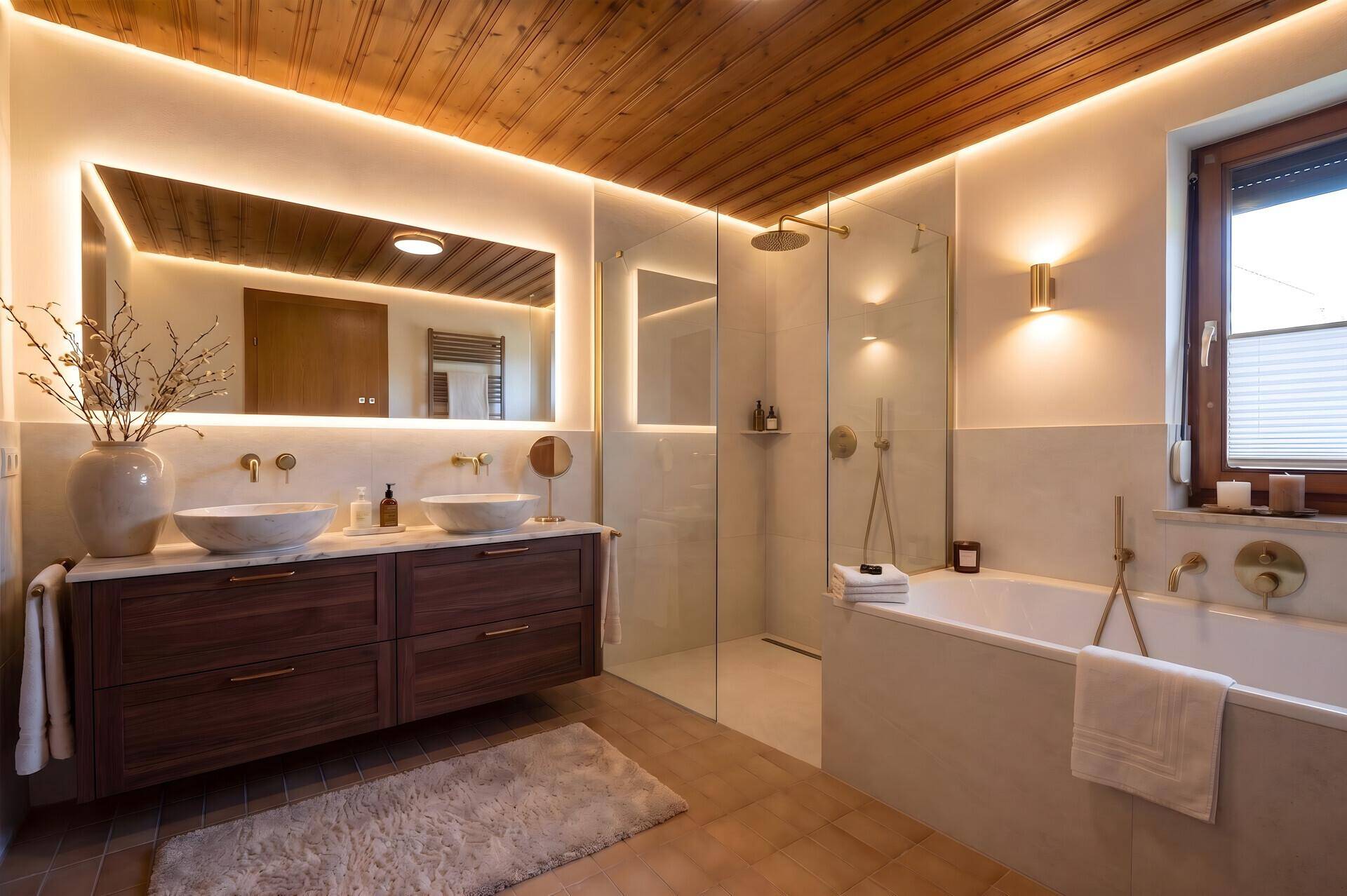 Modernes Badezimmer mit Doppelwaschbecken, großer Dusche, Badewanne und indirekter Beleuchtung.