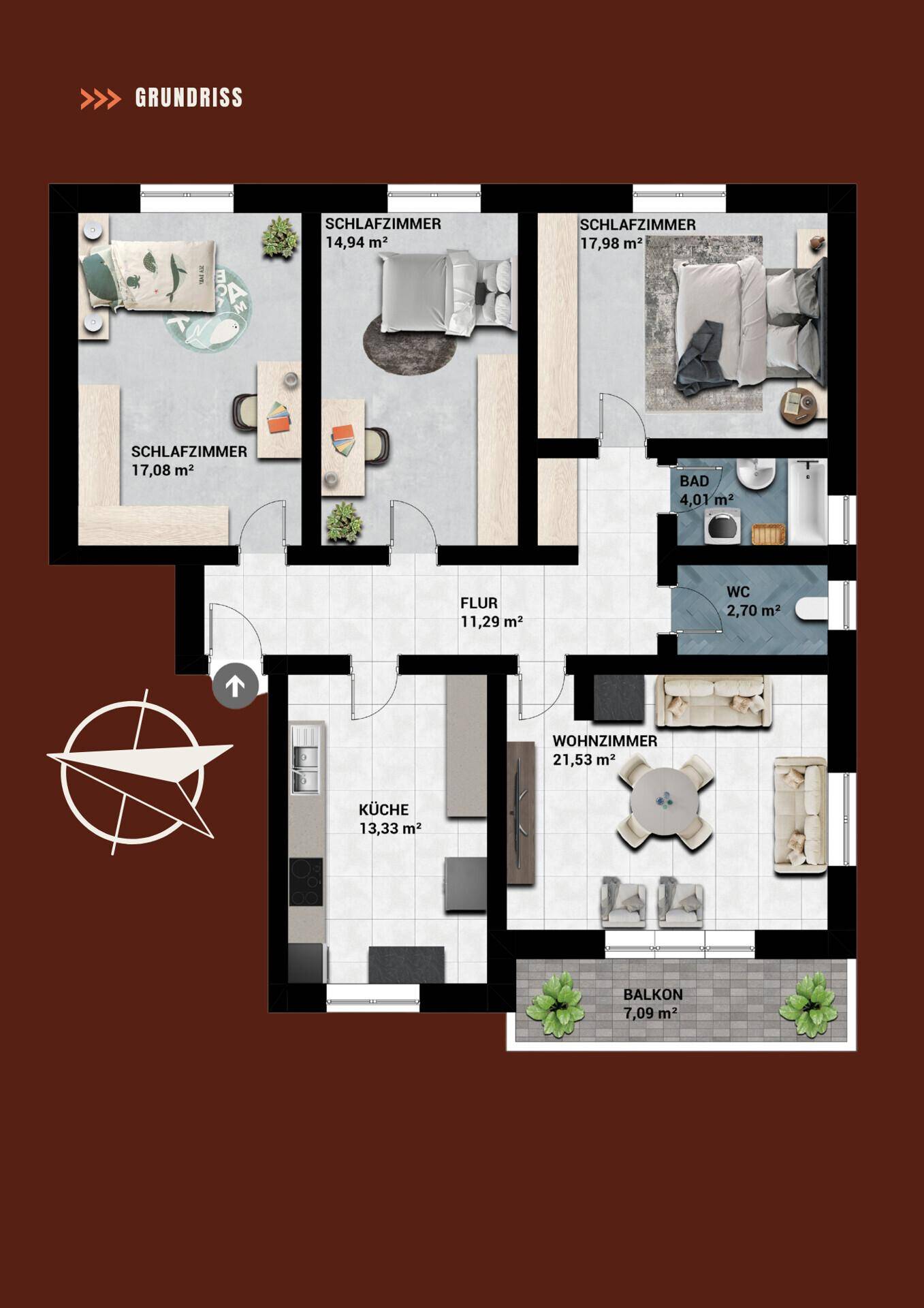 Detaillierter Grundriss einer Wohnung mit drei Schlafzimmern, Wohnzimmer und Balkon.