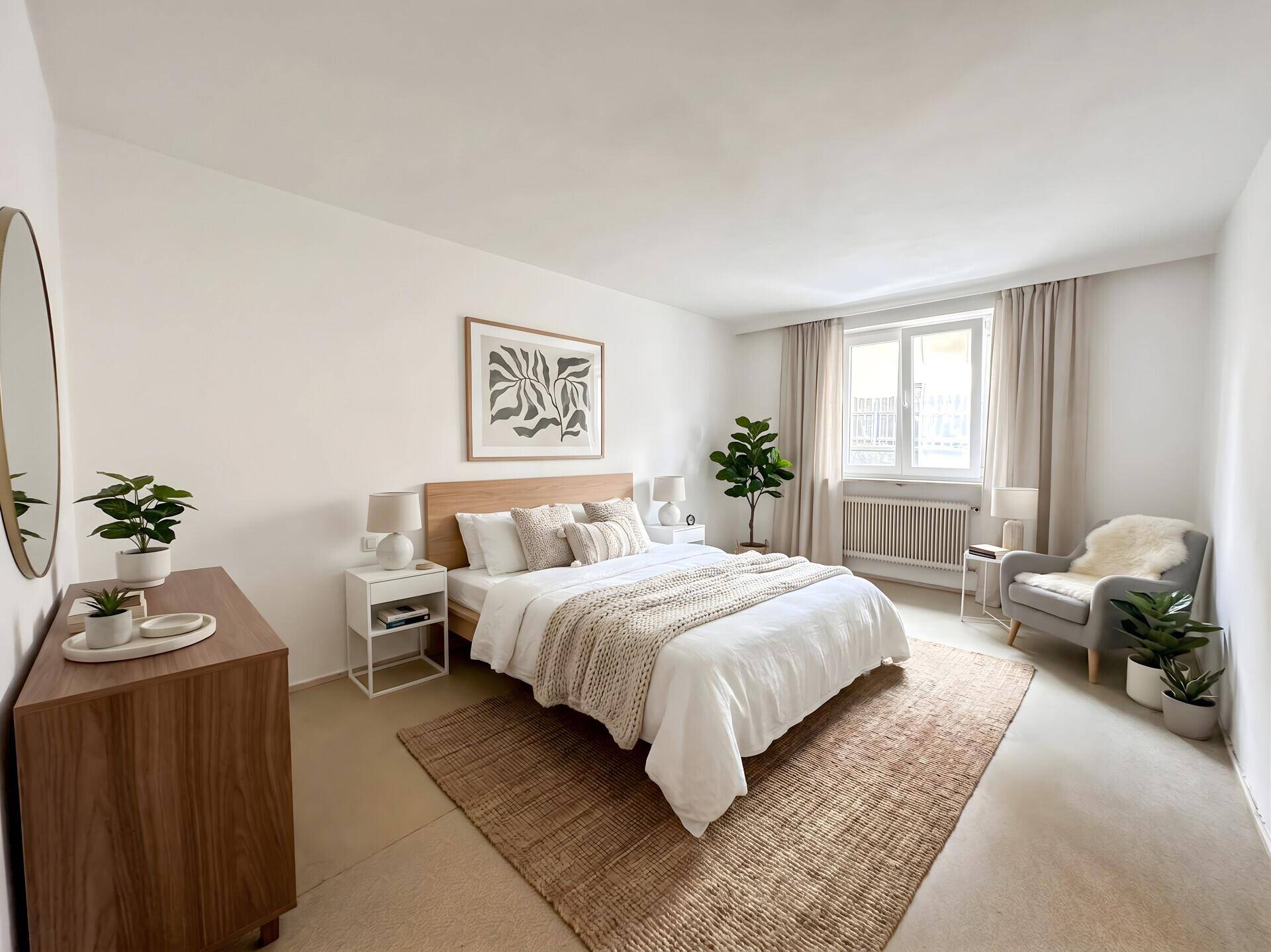 Helles Schlafzimmer mit modernem Bett, Teppich und Pflanzen, einladend gestaltet.