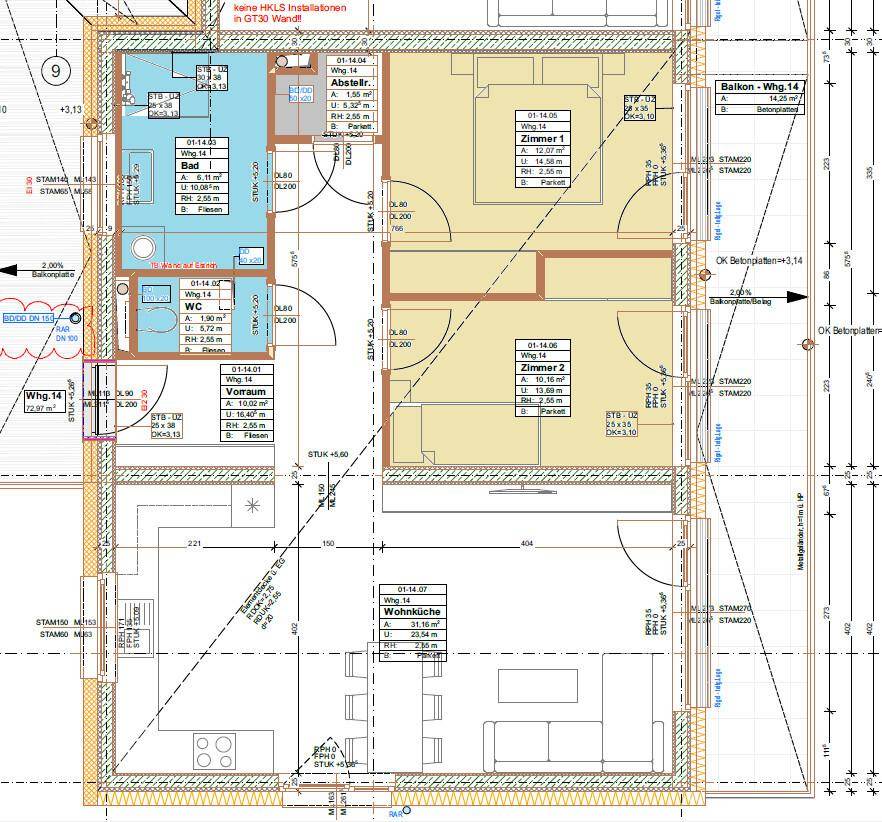 Grundriss einer Obergeschosswohnung mit zwei Schlafzimmern, Wohnküche, Bad und Balkon.