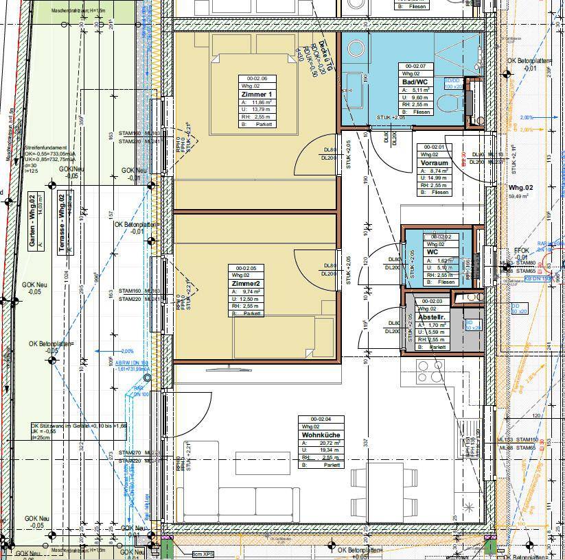 Grundriss einer Erdgeschosswohnung mit zwei Schlafzimmern, Wohnküche, Bad und Terrasse.