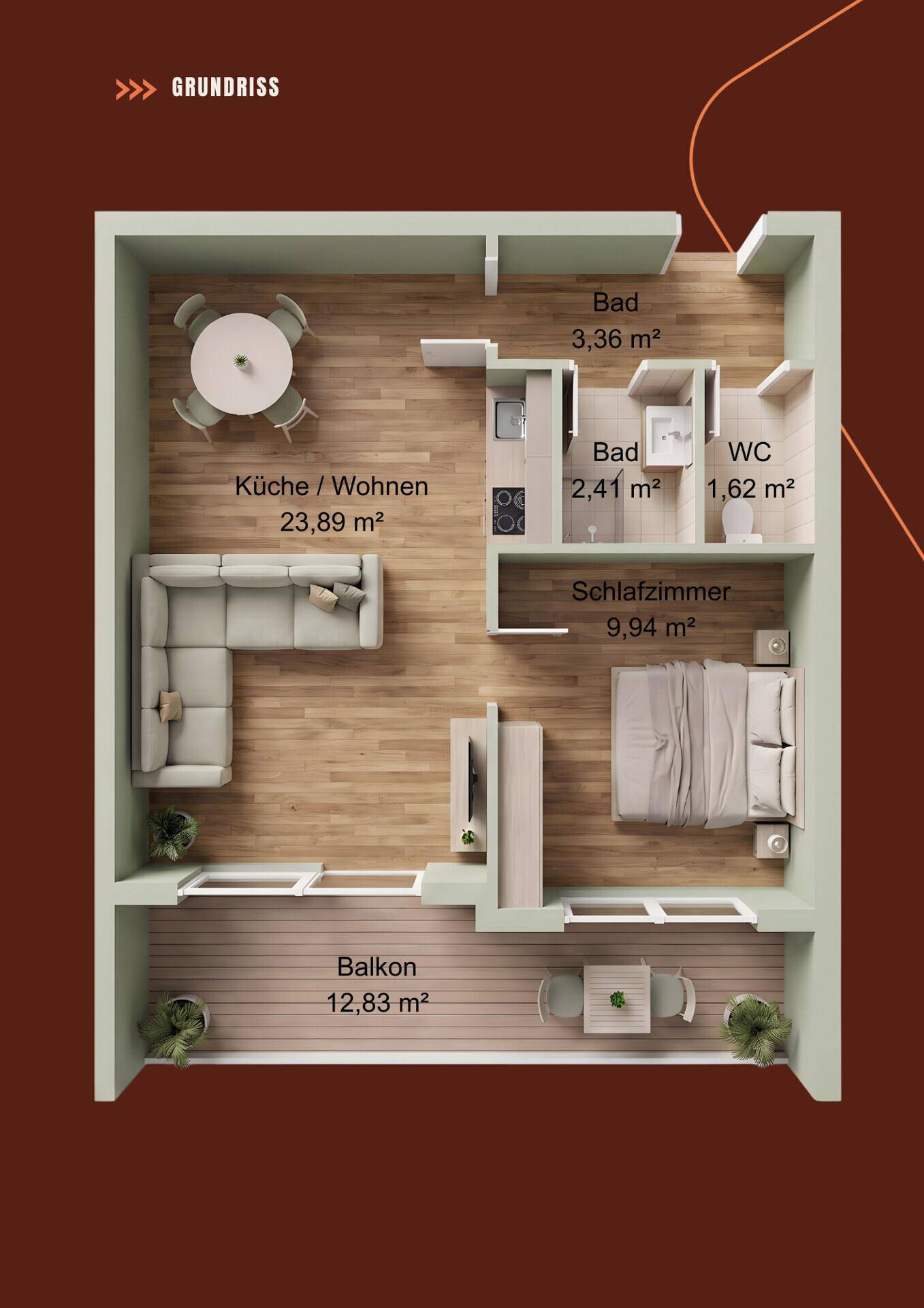 Grundriss einer Wohnung mit offenem Wohnbereich, Schlafzimmer, zwei Bädern und Balkon.