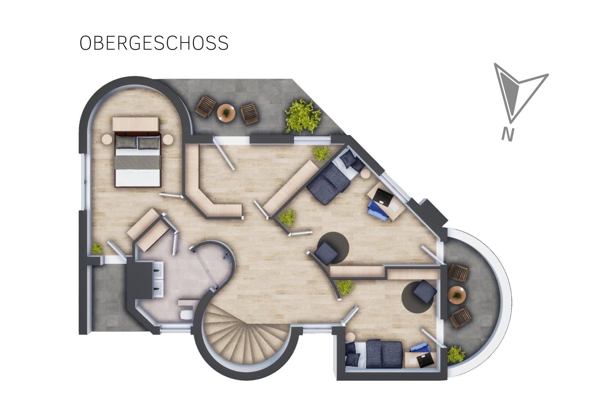 Grundriss des Obergeschosses mit Schlafzimmern, Bädern und Balkonzugang.