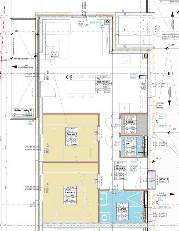 Grundriss einer Obergeschosswohnung mit zwei Schlafzimmern, Wohnküche, Bad und Balkon.