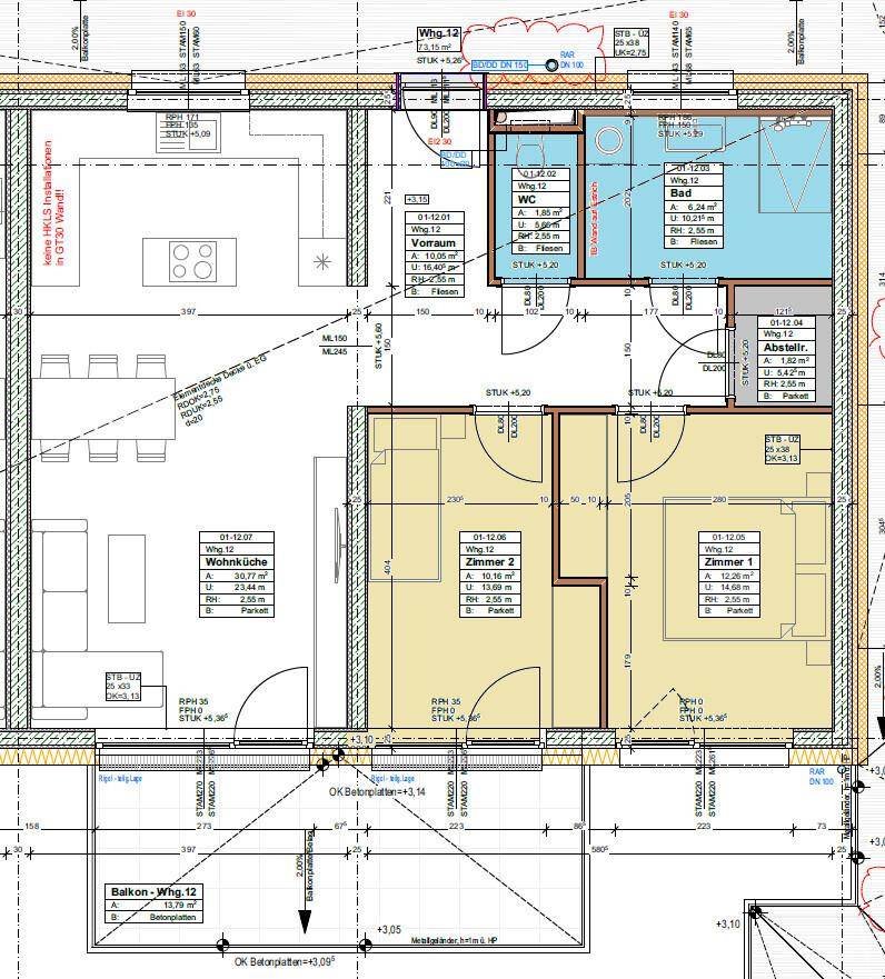 Grundriss einer Obergeschosswohnung mit zwei Schlafzimmern, Wohnküche, Bad und Balkon.
