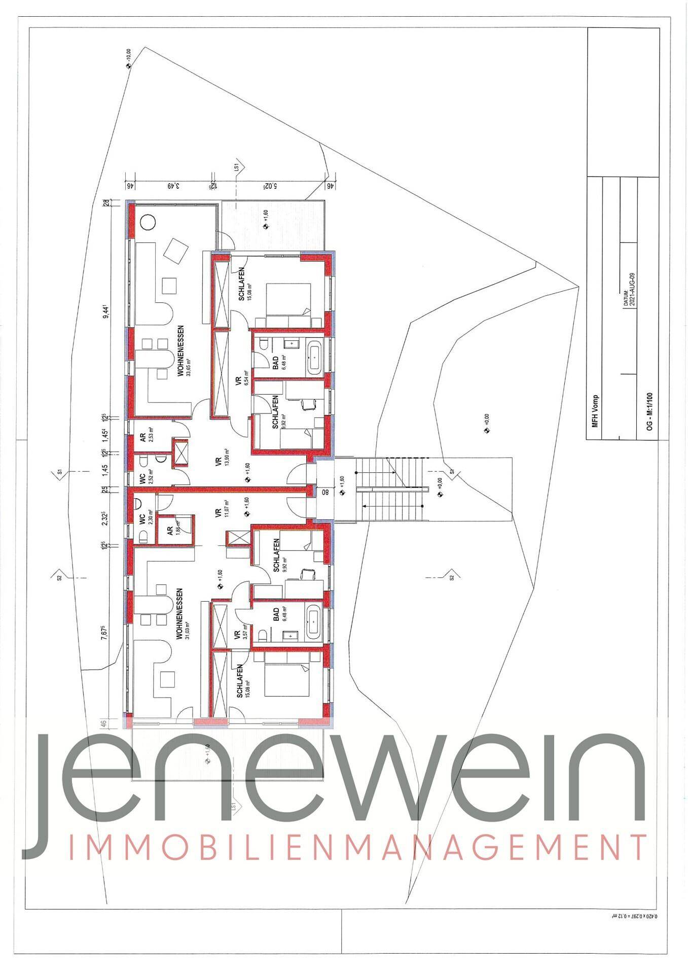 Detaillierter Grundrissplan mit Wohn-Essbereichen, Schlafzimmern und Bädern auf einer Etage.
