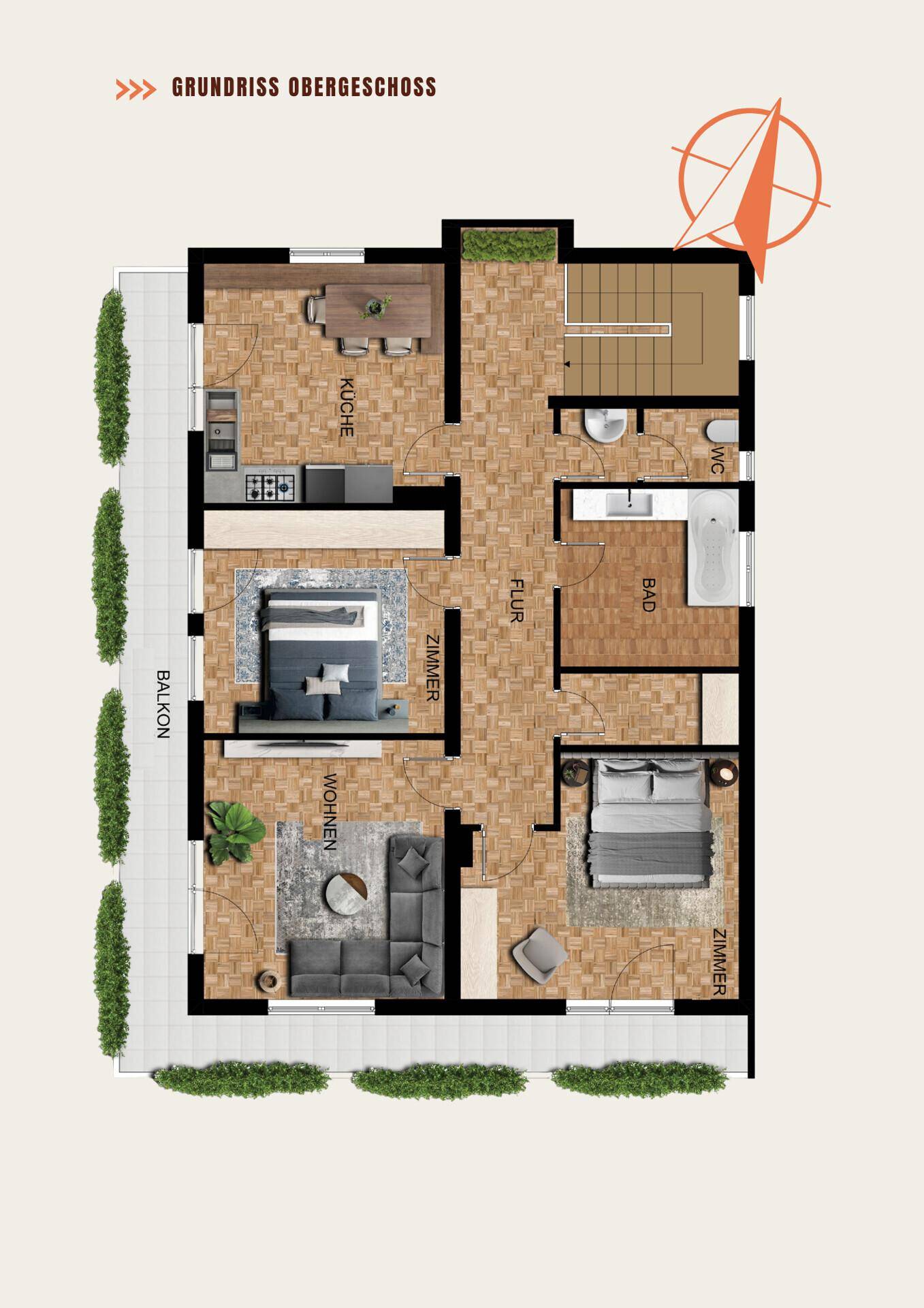 Detaillierter Grundriss des Obergeschosses mit Küche, Wohnzimmer, zwei Schlafzimmern, Bad, WC und Balkon.