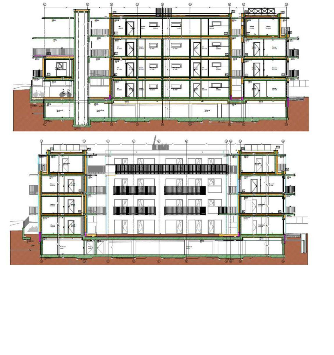 Architektonischer Schnittplan des Gebäudes mit mehreren Etagen und Balkonen.