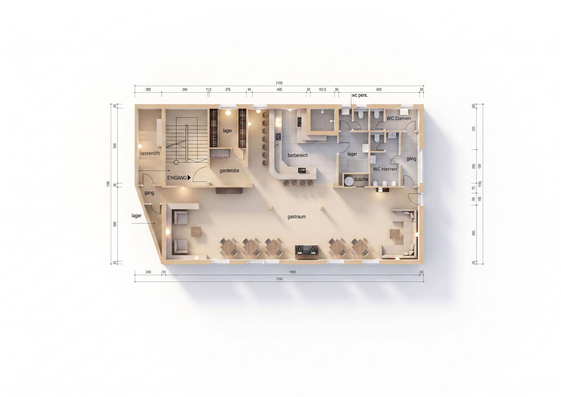 Dreidimensionaler Grundriss mit Möblierung, Treppenhaus, Barbereich und Toiletten.