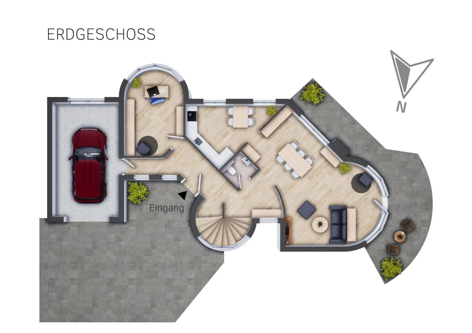 Grundriss des Erdgeschosses mit Garage, Eingangsbereich und offenem Wohn-Essbereich.