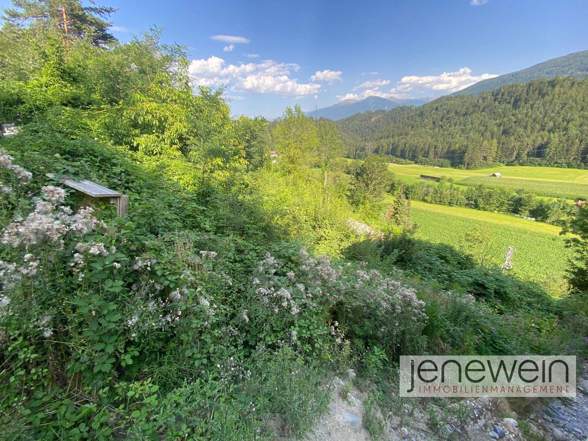 Weitläufige grüne Landschaft mit üppiger Vegetation, Feldern und Bergen in der Ferne unter blauem Himmel.
