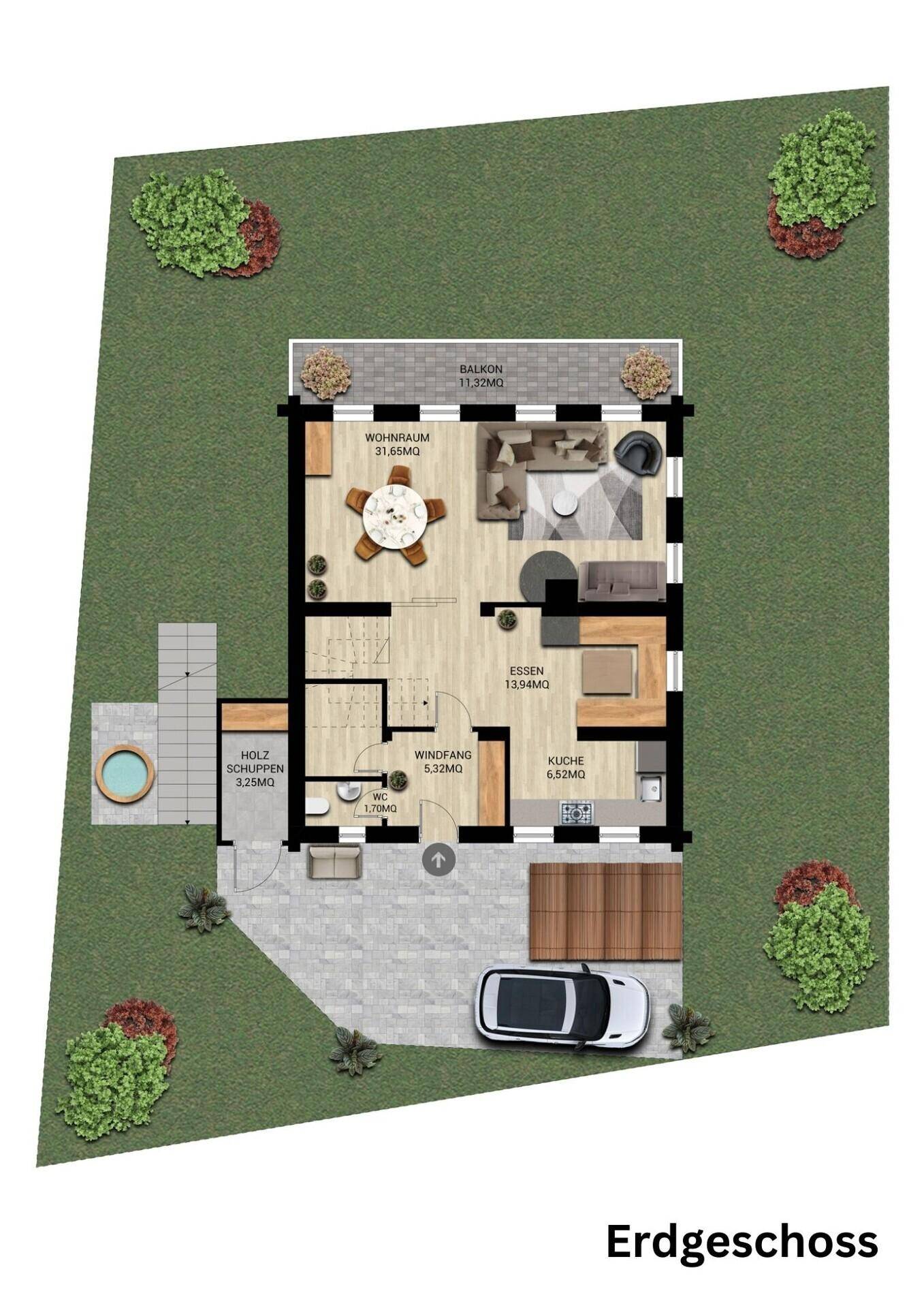 Grundriss des Erdgeschosses mit Wohnraum, Küche, Essbereich und Balkon.