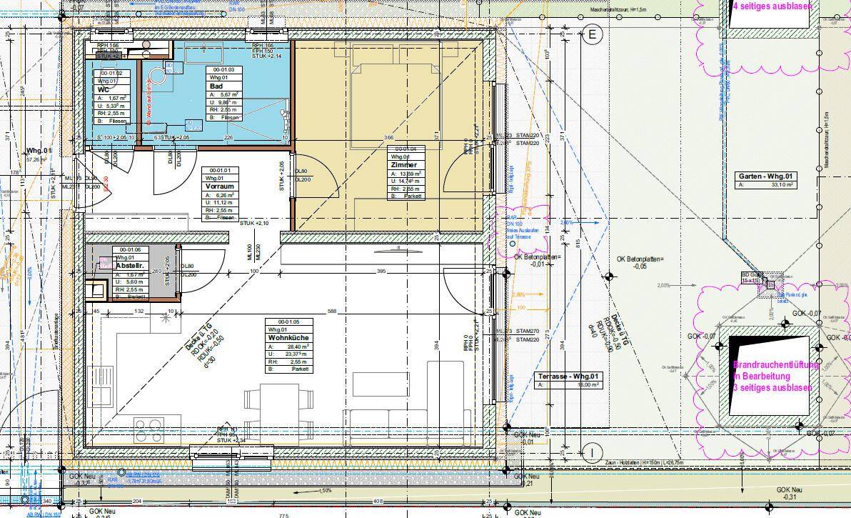 Detaillierter Grundriss einer Erdgeschosswohnung mit Wohnküche, Schlafzimmern, Bad und Terrasse.