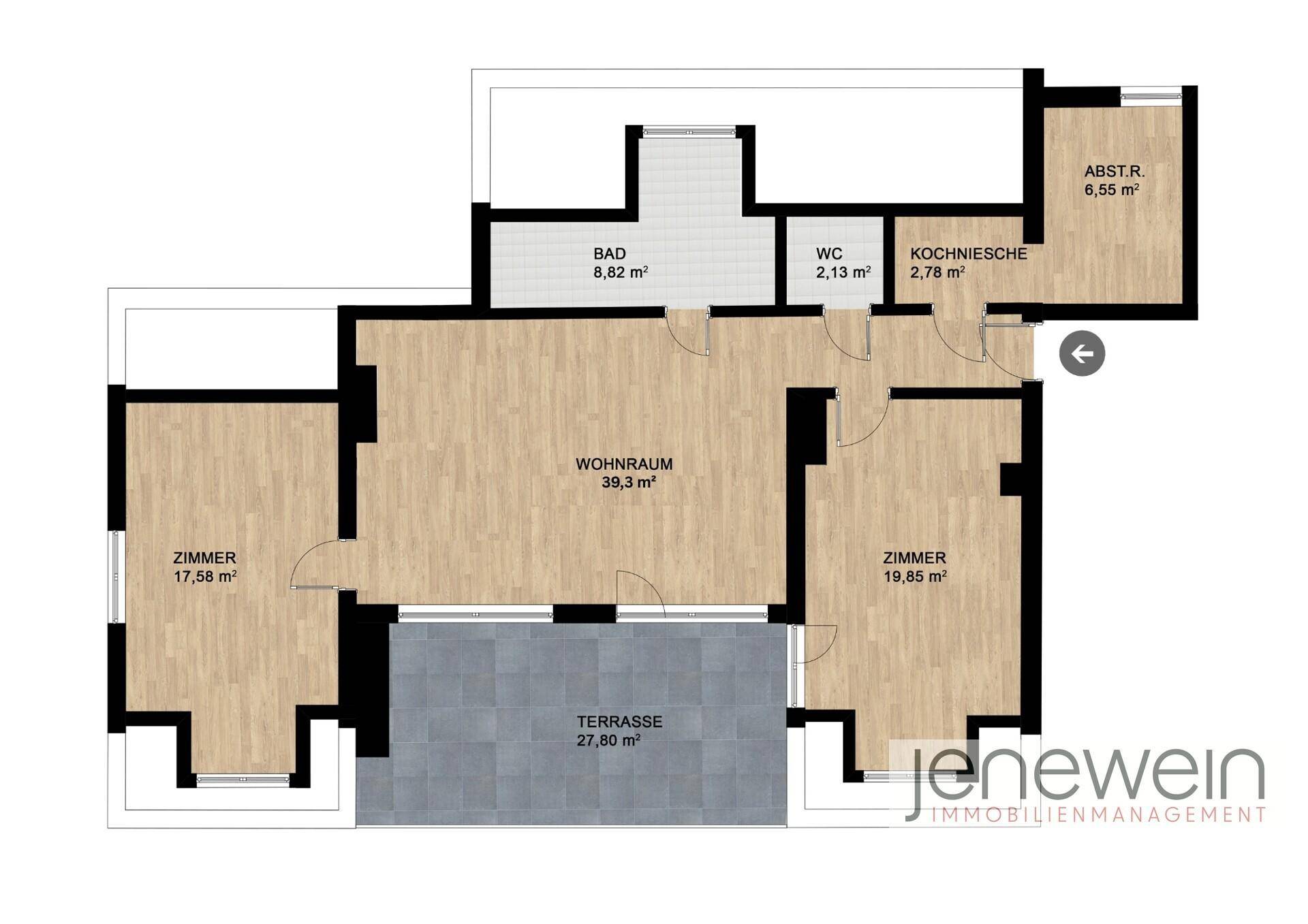 Grundriss einer Wohnung mit Wohnraum, zwei Zimmern, Bad, separatem WC, Kochnische und großer Terrasse.