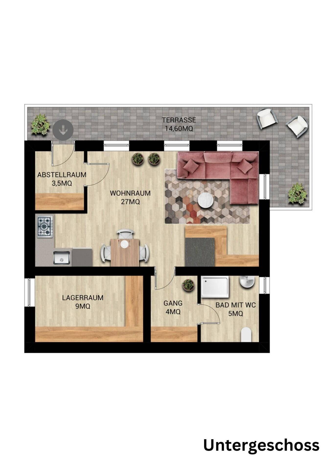 Grundriss des Untergeschosses mit Wohnraum, Abstellraum und Terrasse.