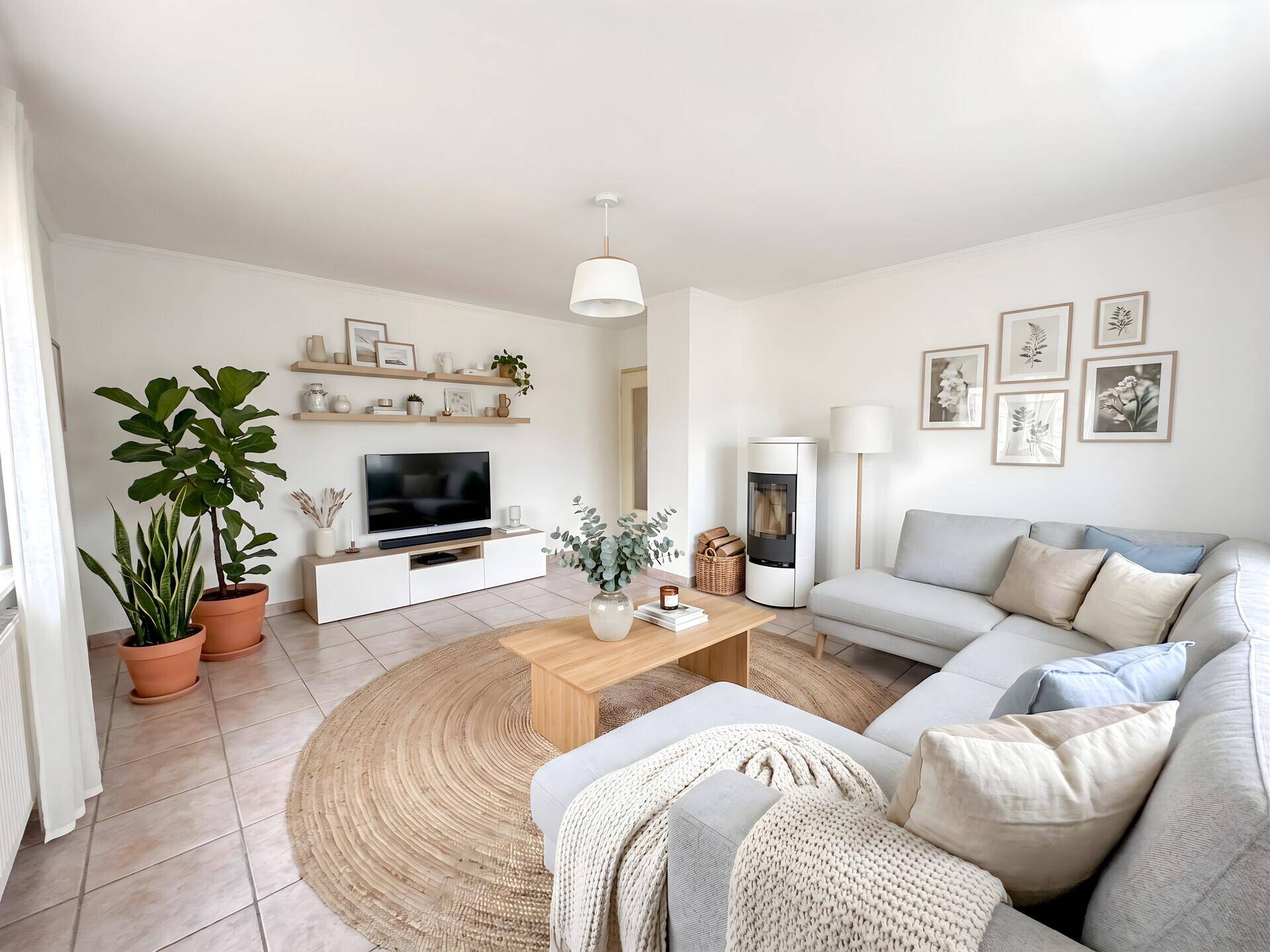 Modern eingerichtetes Wohnzimmer mit hellem Kaminofen, Pflanzen und gemütlicher Sitzecke.