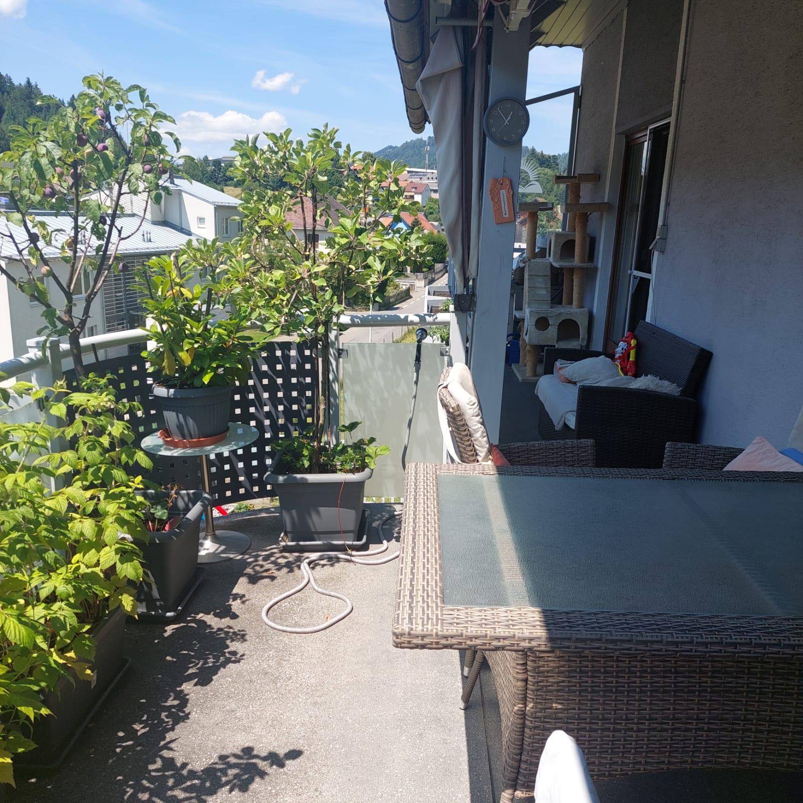 Langer Balkon mit vielen Pflanzen, Rattanmöbeln und Blick auf die Nachbarschaft.