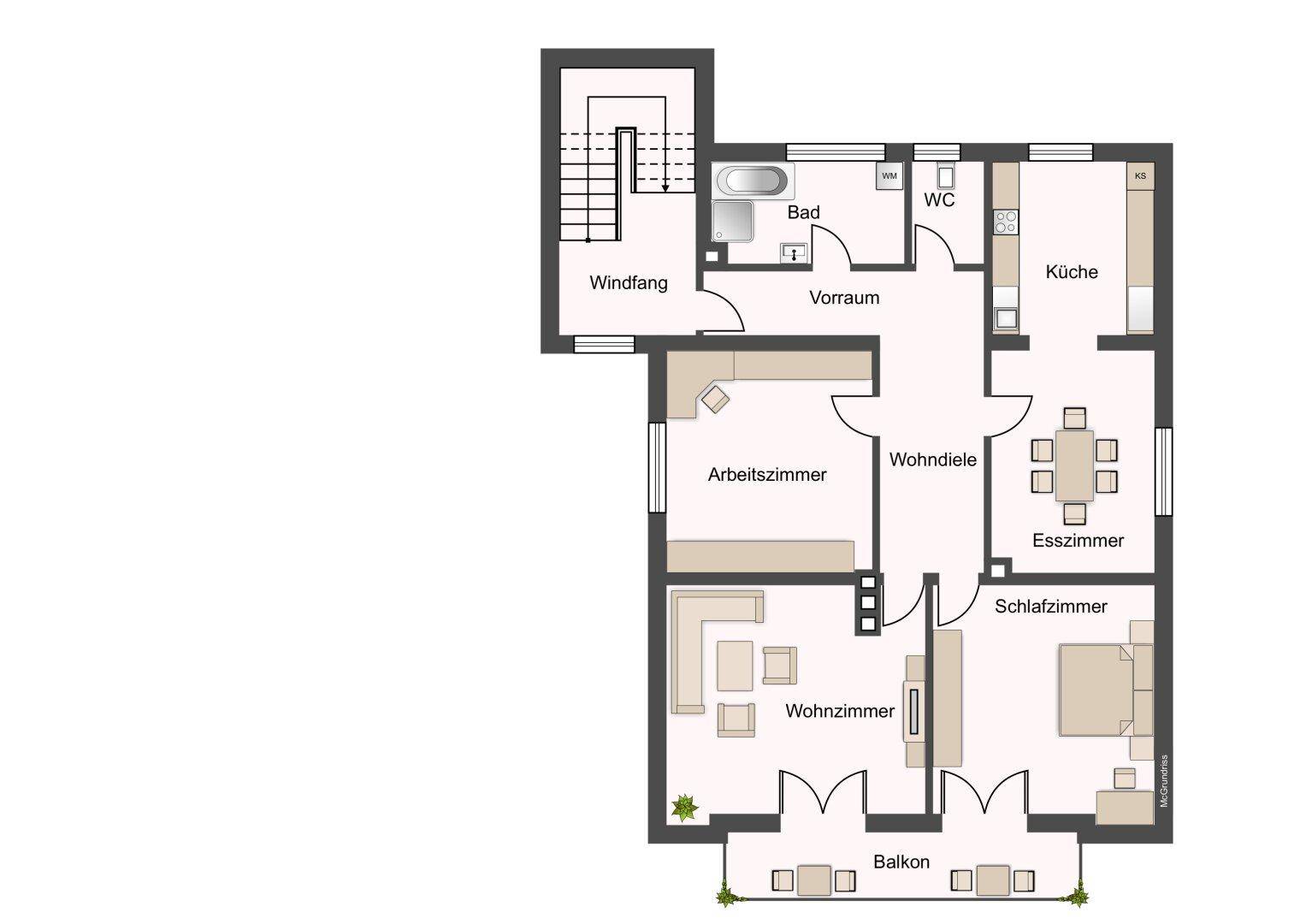 Grundriss des Dachgeschosses mit Arbeitszimmer, Wohnzimmer, Esszimmer, Küche und Balkon.