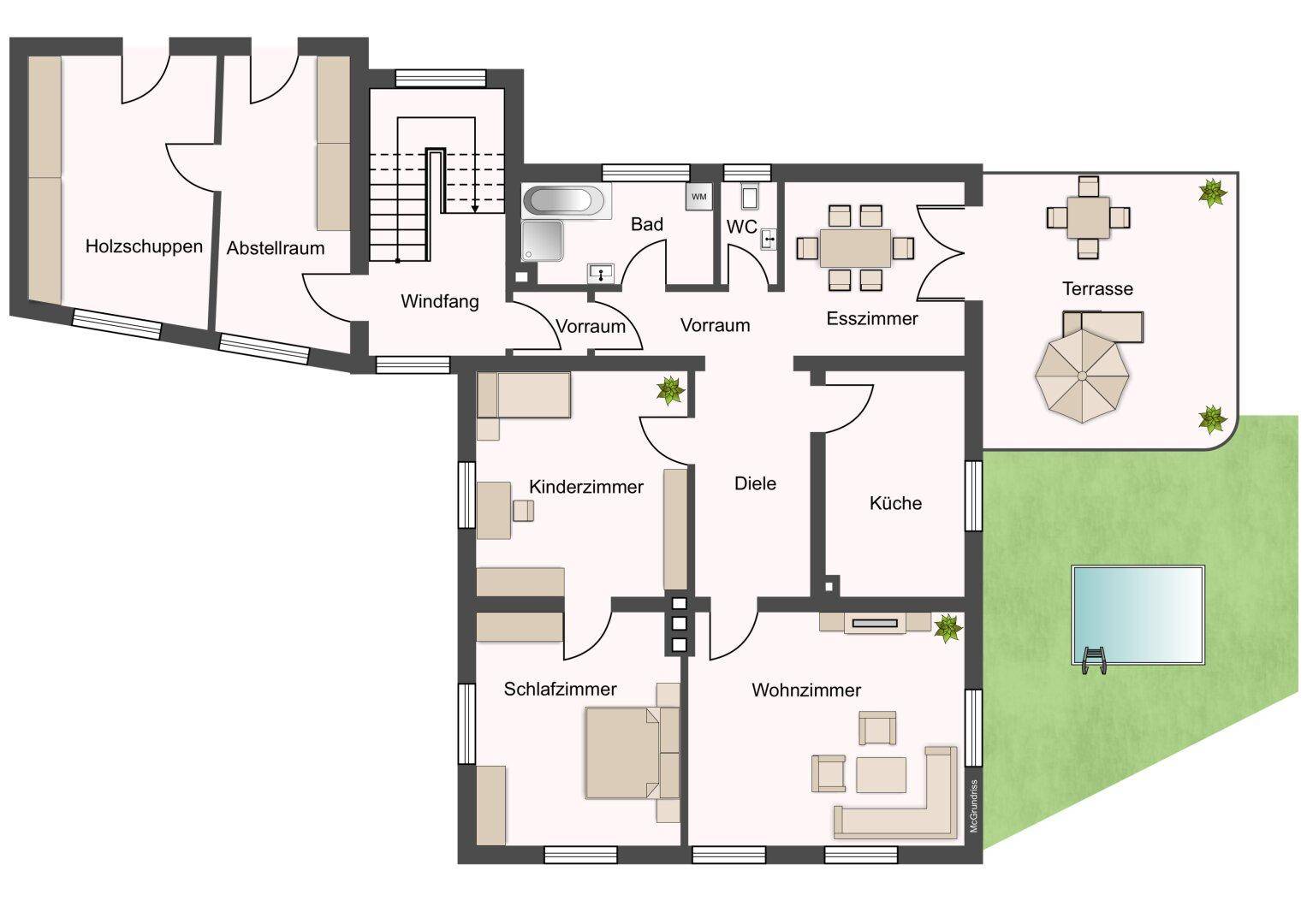Grundriss des Obergeschosses mit Kinderzimmer, Schlafzimmer, Wohnzimmer, Esszimmer und Terrasse.