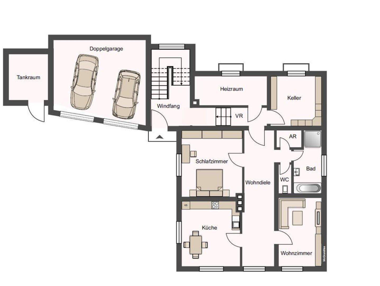 Grundriss des Erdgeschosses mit Doppelgarage, Heizraum, Keller und Wohnbereich.