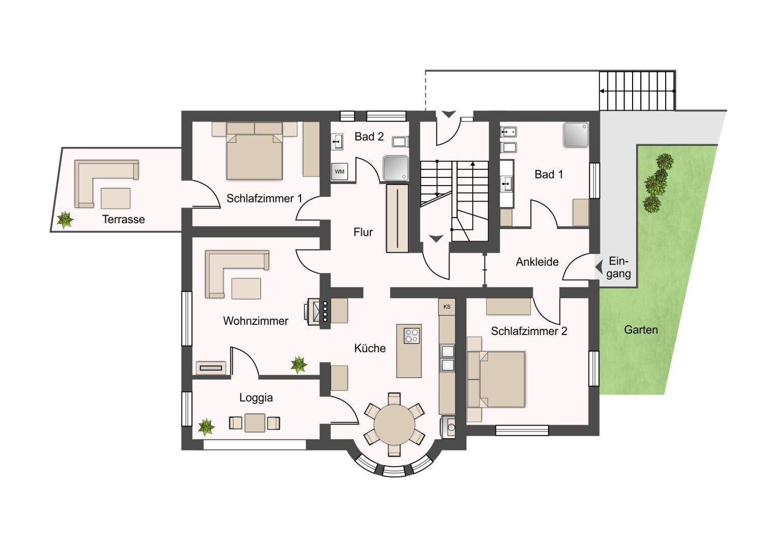 Detaillierter Grundriss mit zwei Schlafzimmern, zwei Bädern, Wohnzimmer, Küche und Loggia.