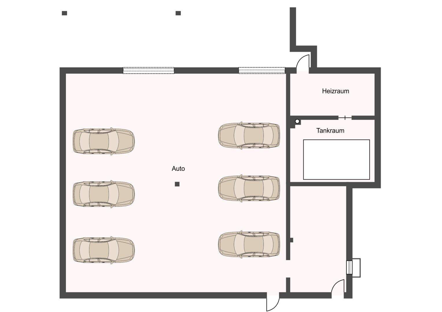 Grundriss einer Tiefgarage mit sechs Stellplätzen, einem Heizraum und einem Tankraum.