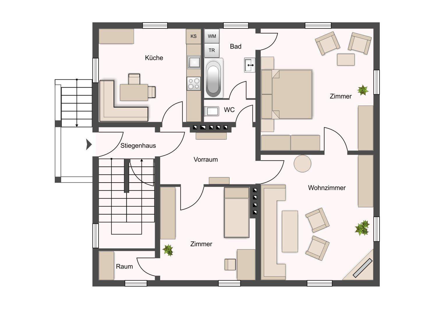 Grundriss des Erdgeschosses mit Küche, Wohnzimmer, Schlafzimmer und Bad.