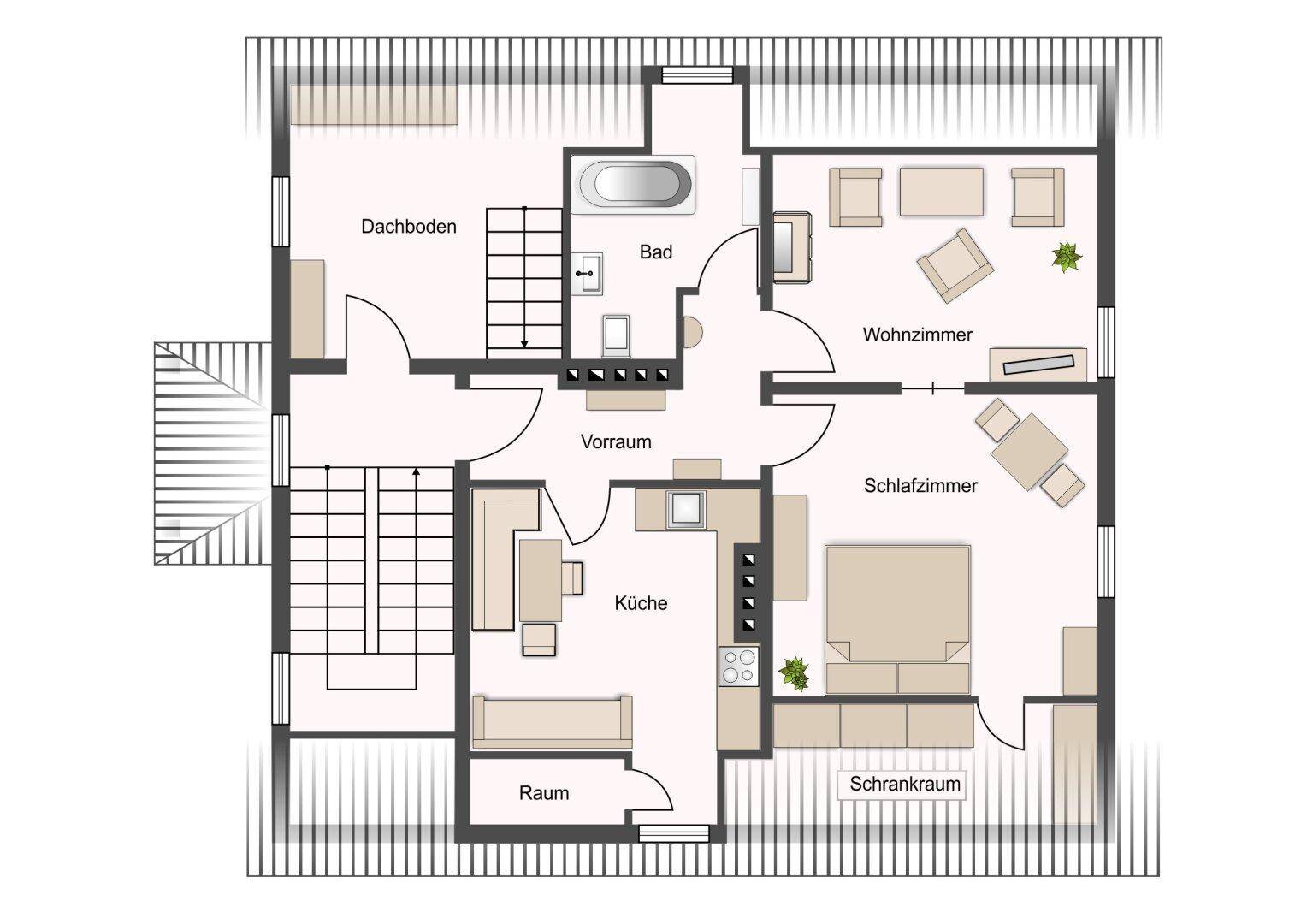 Grundriss des Dachgeschosses mit Wohnzimmer, Schlafzimmer, Bad und Dachboden.