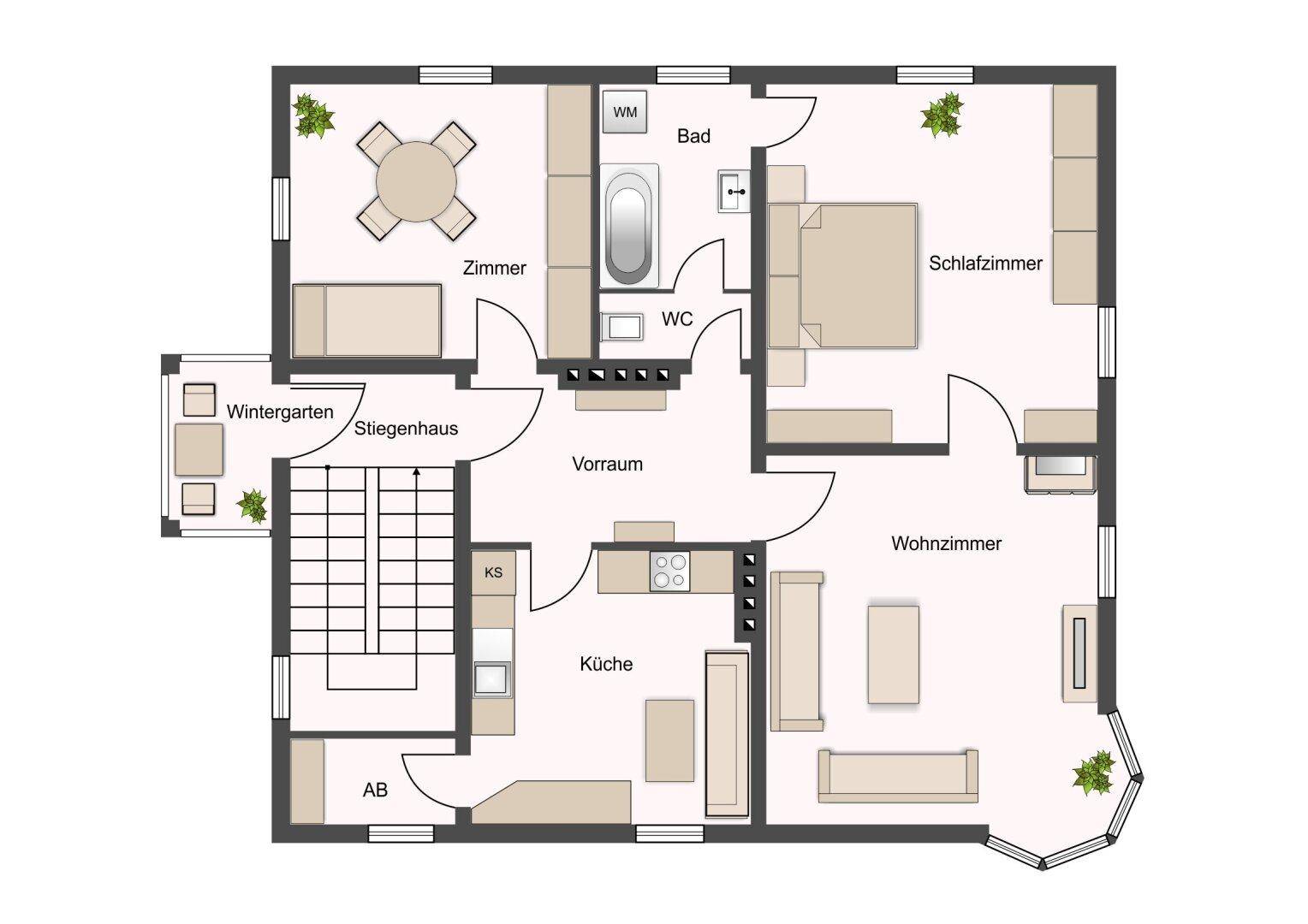 Grundriss des Obergeschosses mit Küche, Wohnzimmer, Schlafzimmer und Wintergarten.
