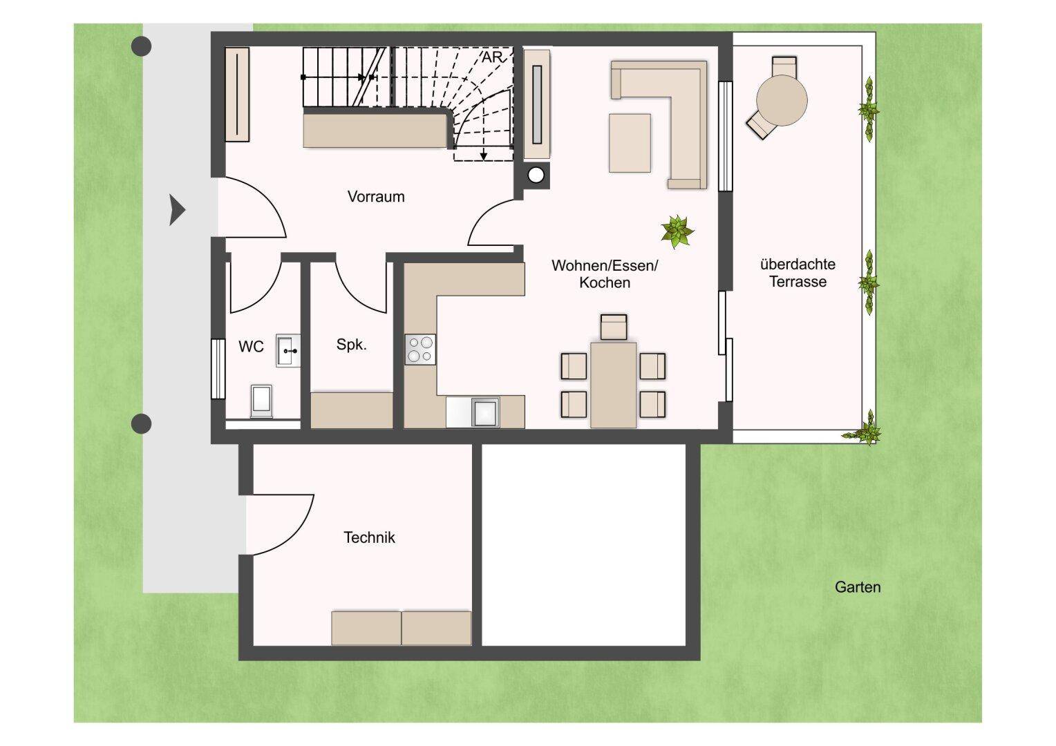 Grundriss des Erdgeschosses mit offenem Wohn-/Ess-/Kochbereich und überdachter Terrasse.