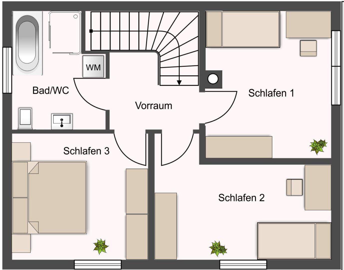 Grundriss des Obergeschosses mit drei Schlafzimmern und einem Badezimmer.