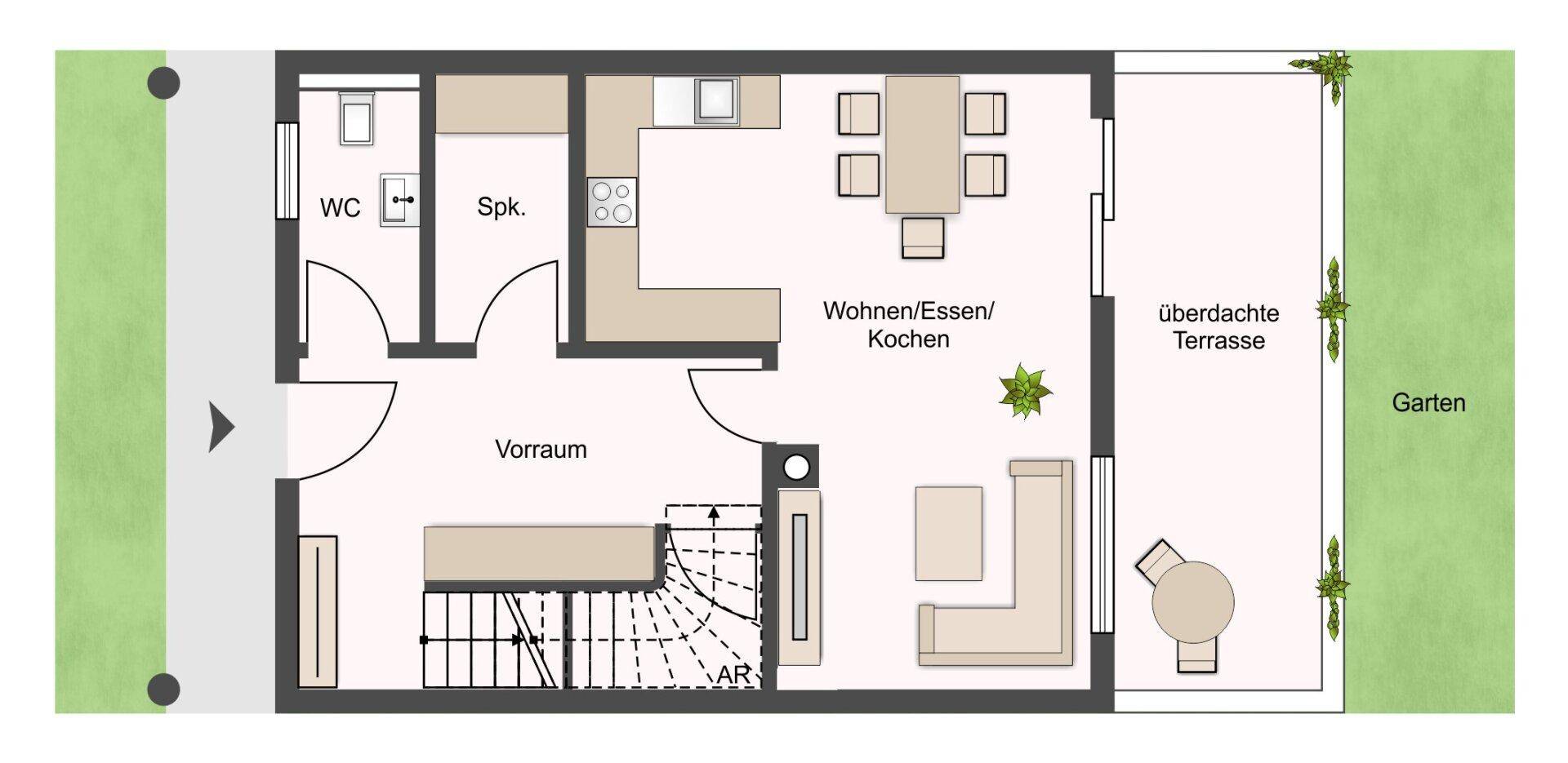 Grundriss des Erdgeschosses mit offenem Wohn-/Ess-/Kochbereich und überdachter Terrasse.
