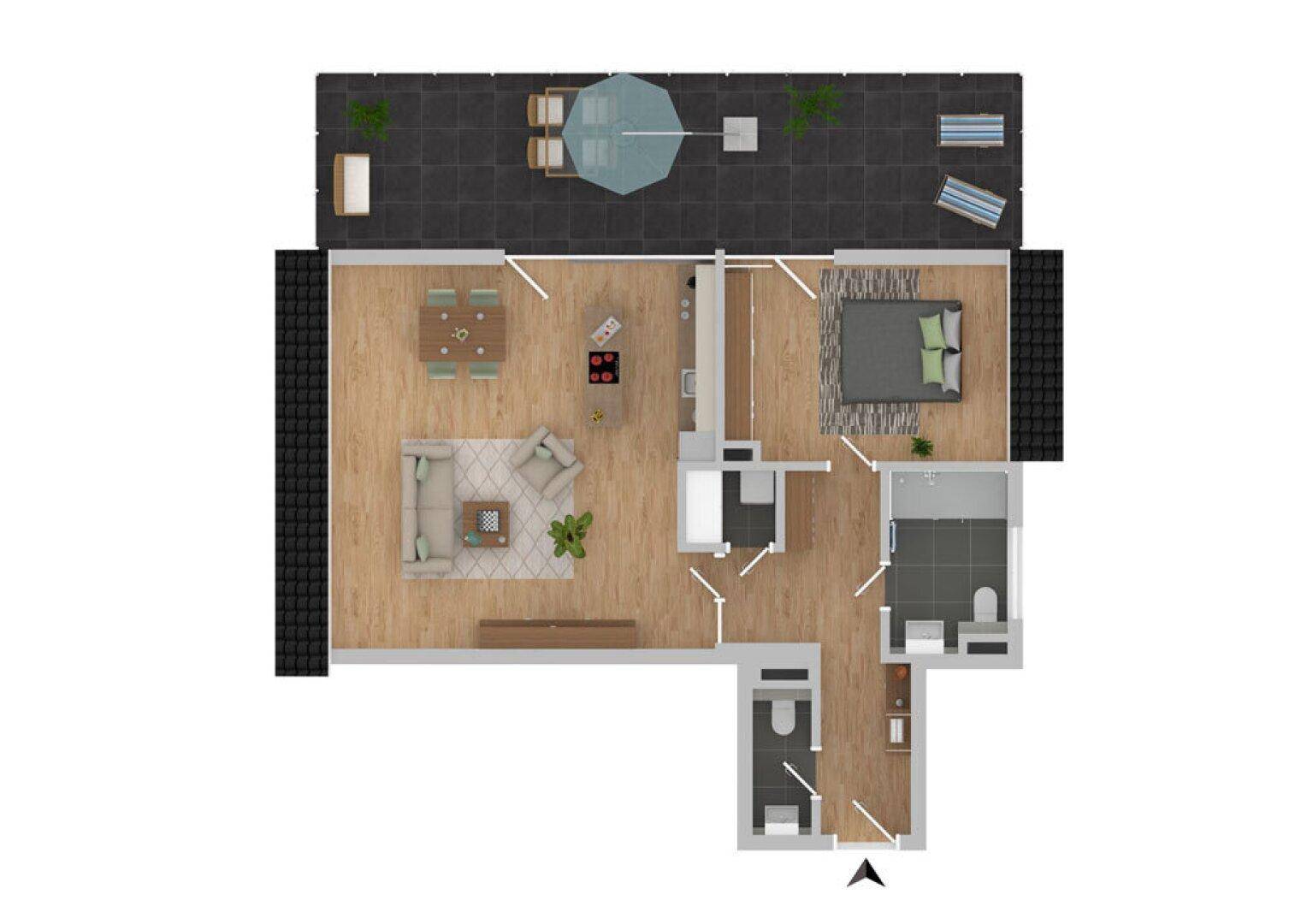 Detaillierter Grundriss einer Wohnung mit offenem Wohnbereich, Schlafzimmer und großer Terrasse.