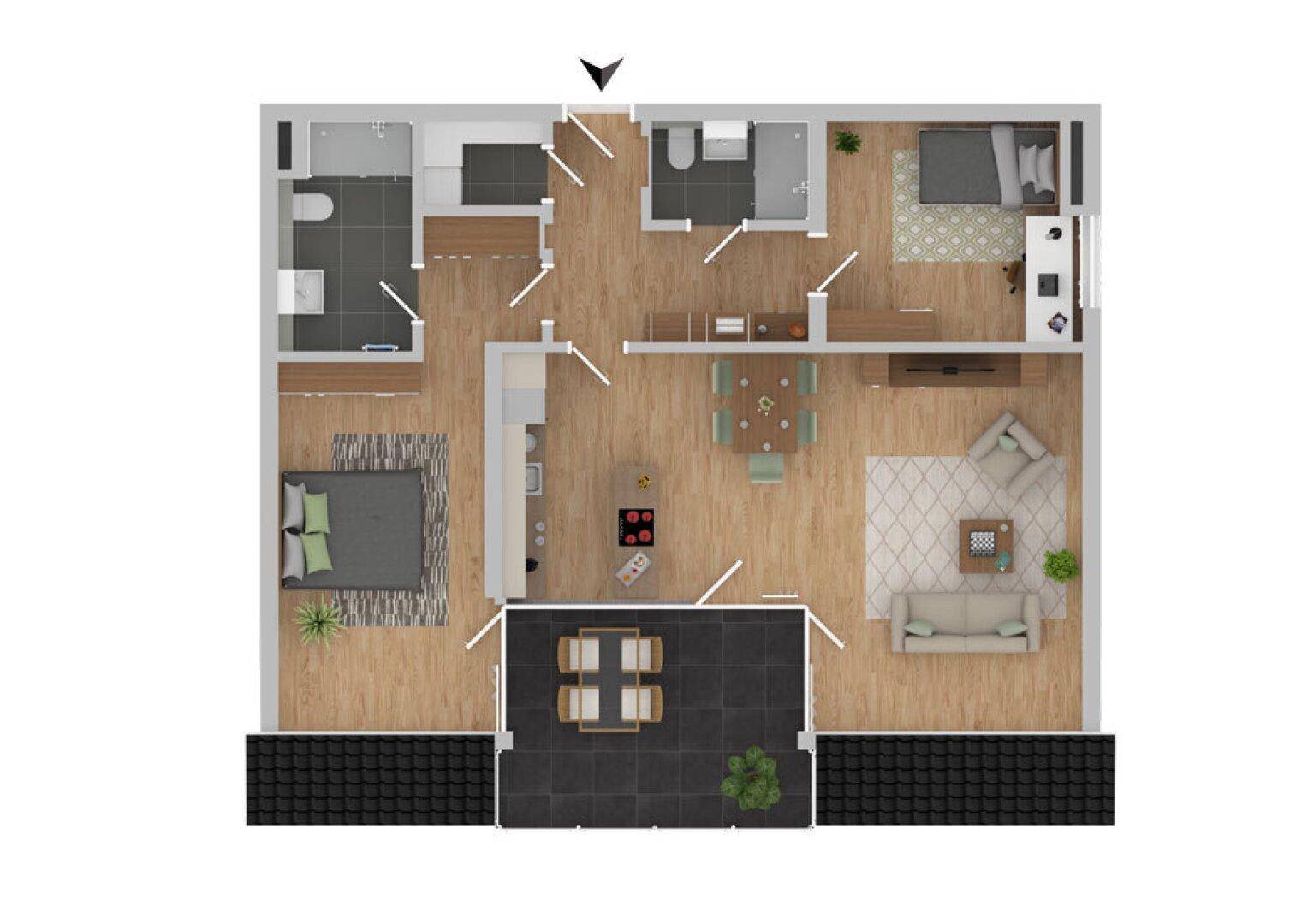 Grundriss einer Wohnung mit offenem Wohn-Essbereich, zwei Schlafzimmern und einer Terrasse.