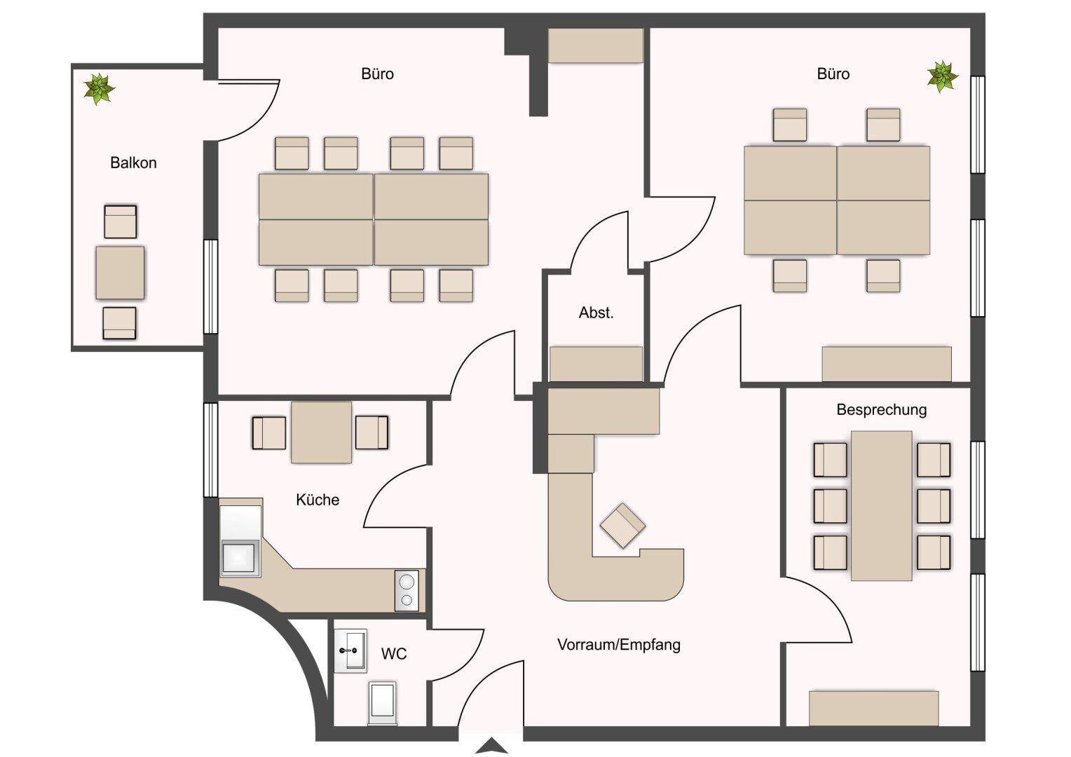 Detaillierter Grundriss mit mehreren Büros, einem Besprechungsraum, Küche, WC und einem Balkon.