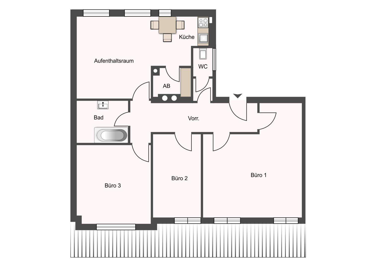 Grundriss einer Wohnung mit drei Büroräumen, einem Bad, separatem WC und einer kleinen Küche.